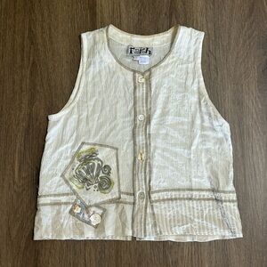 Vintage Faith Cream/tan Rayon Tank Top Beach Shell Button Vest Lightweight Sz L